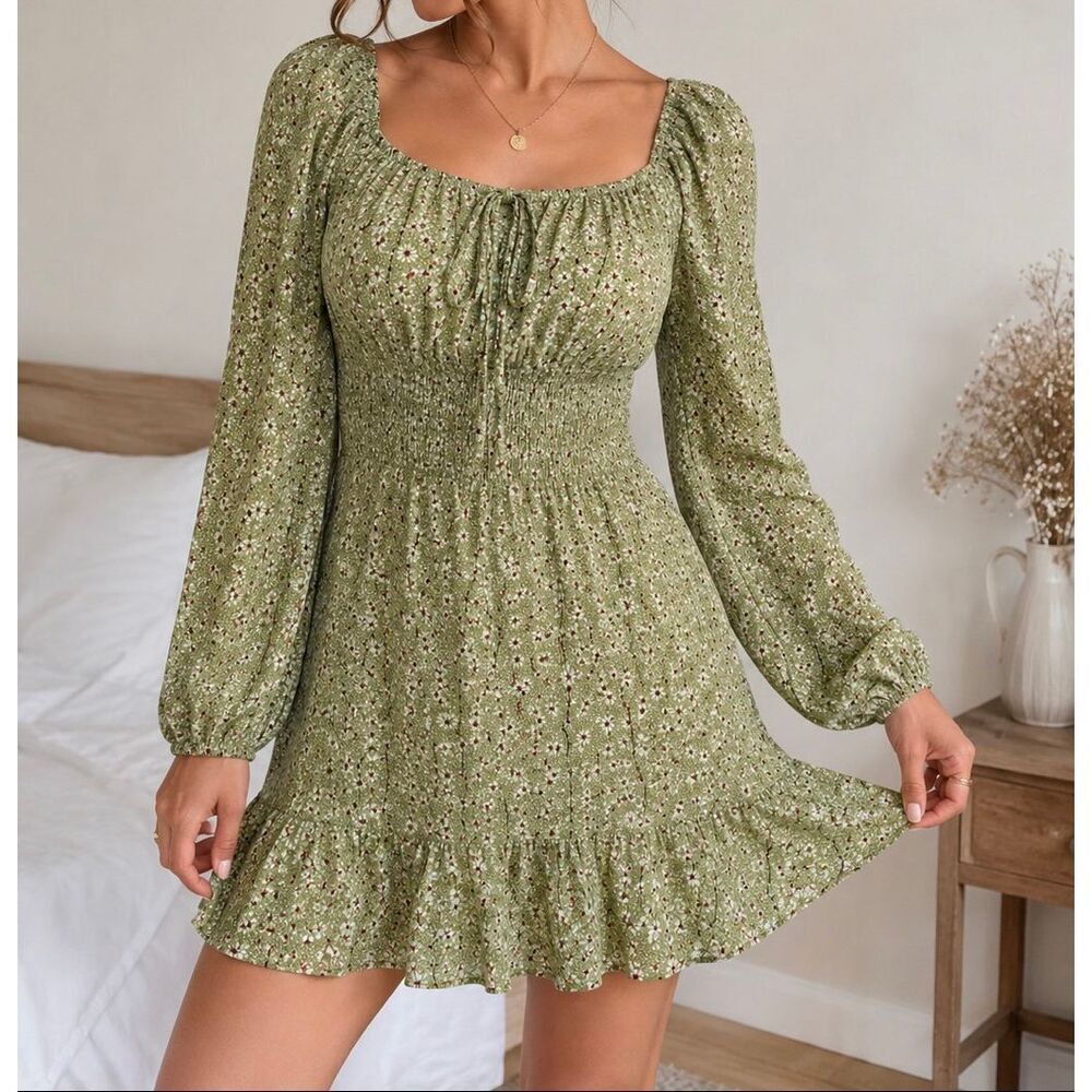 L.A. Hearts Green Floral Smocked Mini Dress Long Sleeve Cottagecore XS